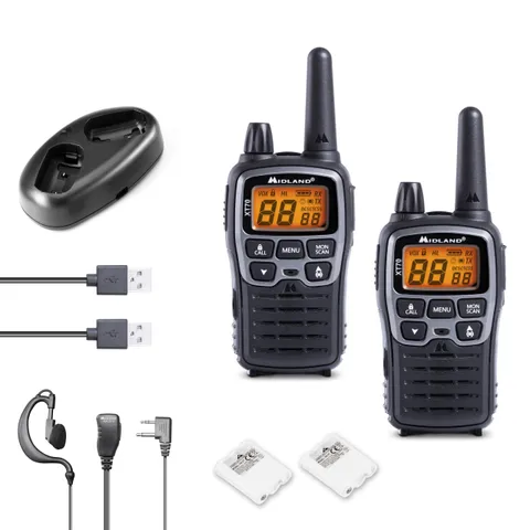 Midland - Walkie Talkie XT70, 2 Ricetrasmittenti Professionali Dual Band 93 Canali - 69 LPD/24 PMR446 Senza Licenza, Autonomia 18H, Copertura 12Km, Ricarica Rapida e Accessori, 38 toni CTCSS + 83 DCS