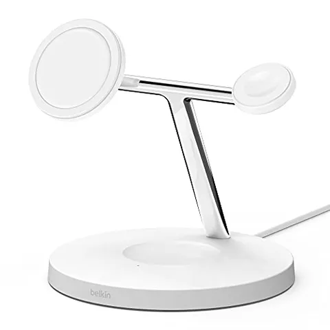 Belkin BoostCharge Pro Caricabatteria wireless 3 in 1 con MagSafe per iPhone 16, iPhone 15, iPhone 14, 13, 12 + Apple Watch + AirPods (Ricarica magnetica fino a 15 W per modelli di iPhone 14)