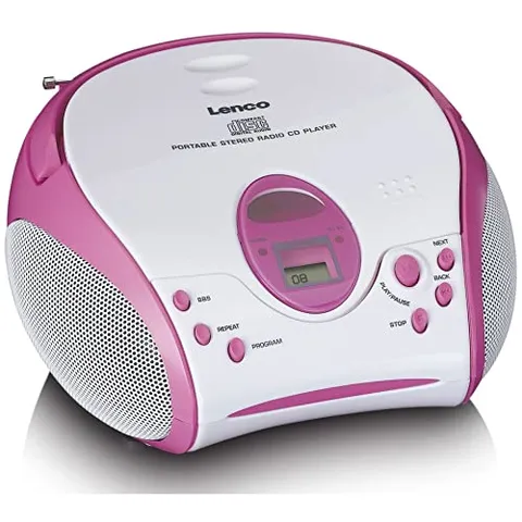 Lenco SCD-24 Kids - Lettore CD per bambini - Radio CD - con adesivi - Boombox - Sintonizzatore radio FM - Memoria titolo - 2 x 1,5 W RMS - Alimentazione a batteria e alimentazione - Rosa