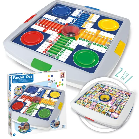 Chicos - Gioco da tavolo 2 in 1 | Parchís e Gioco dell'Oca automatico per bambini | Doppio gioco classico famiglia 2-4 giocatori | dado centrale e scomparti interni | Consigliato dai 3 anni (64001)