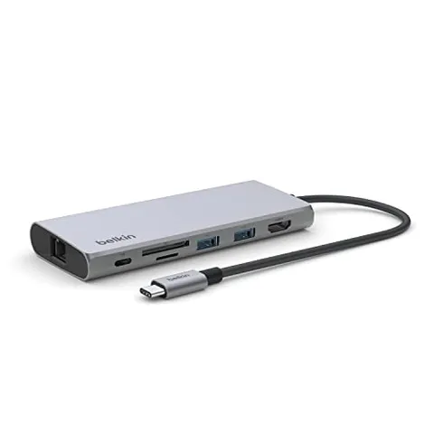 Belkin Hub USB-C, 7 in 1alimentato con porte HDMI 4K a 60 Hz, USB PD da 100 W, Ethernet 2,5 Gb, 2 USB-A e slot SD e microSD per MacBook Pro 14/16, iPad Pro 12.9/11, XPS e Surface