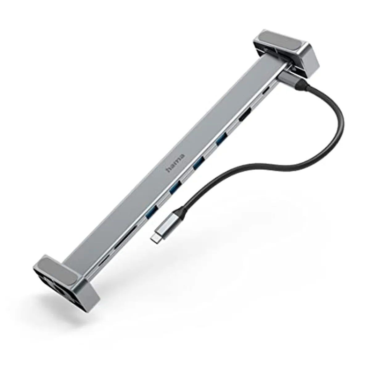 Hama Docking Station con hub USB C con supporto per computer portatile, 12 porte (2 HDMI, 4 USB A, 1 USB-C, 1 VGA, 1 LAN/Ethernet, 2 lettori di schede, 1 Aux, adattatore USBC Hub 12 in 1, supporto per notebook per ufficio, casa ufficio)