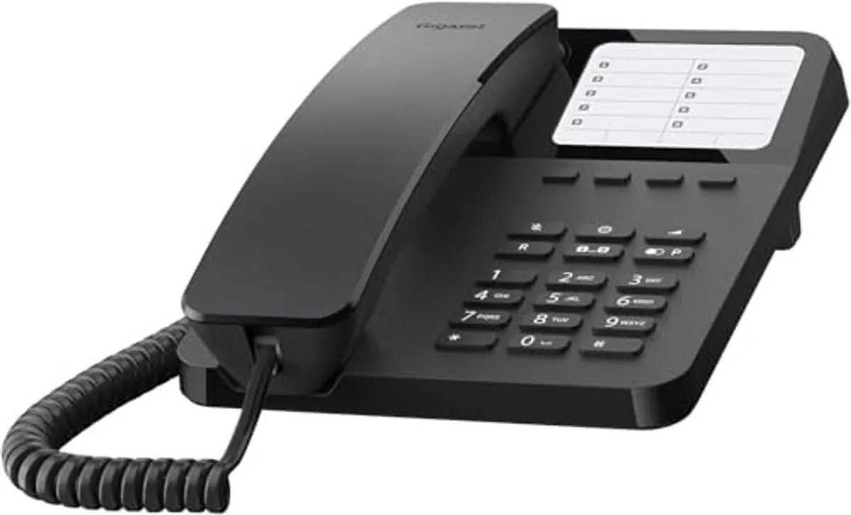 Gigaset DESK 400 - Telefono con filo con cavo elastico - Spazio per 10 voci di selezione rapida - Ripetizione - Compatibile con apparecchi acustici - MFV o selettore di impulsi regolabile, nero