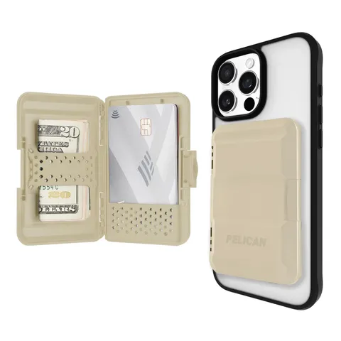 Pelican - Portafoglio magnetico per iPhone 16 Pro Max/15 Pro Max/14/13/12 MagSafe, standard MIL-STD ad alta resistenza, ad aggancio, custodia rigida rimovibile e sottile, beige deserto (Desert Tan)