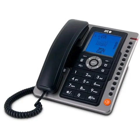 SPC Office Pro - Telefono fisso da tavolo con ampio schermo illuminato a batteria, 7 memorie dirette, identificativo chiamante e vivavoce - Noir