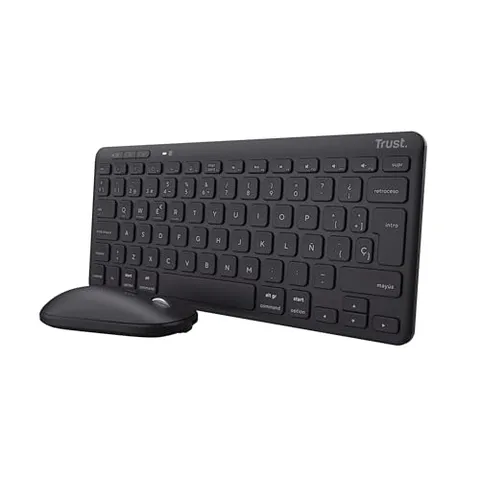 Trust Lyra Pack Wireless Bluetooth Keyboard and Mouse, QWERTY Spanish, 85% Recycled Plastic, Compact Rechargeable Combo for Windows, Mac, PC, Laptop, Tablet, iPad, Android, iOS, Black