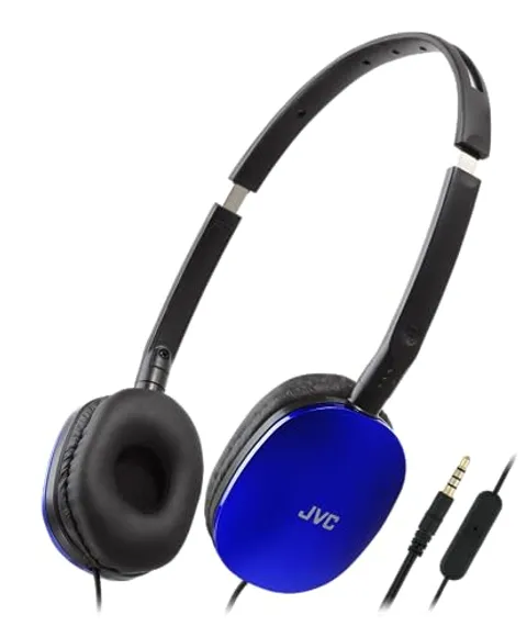 JVC HA-S160M-A - Cuffie pieghevoli e compatte in colore lucido, con interruttore per microfono on/off, ideali per telelavoro e seminari online (blu)