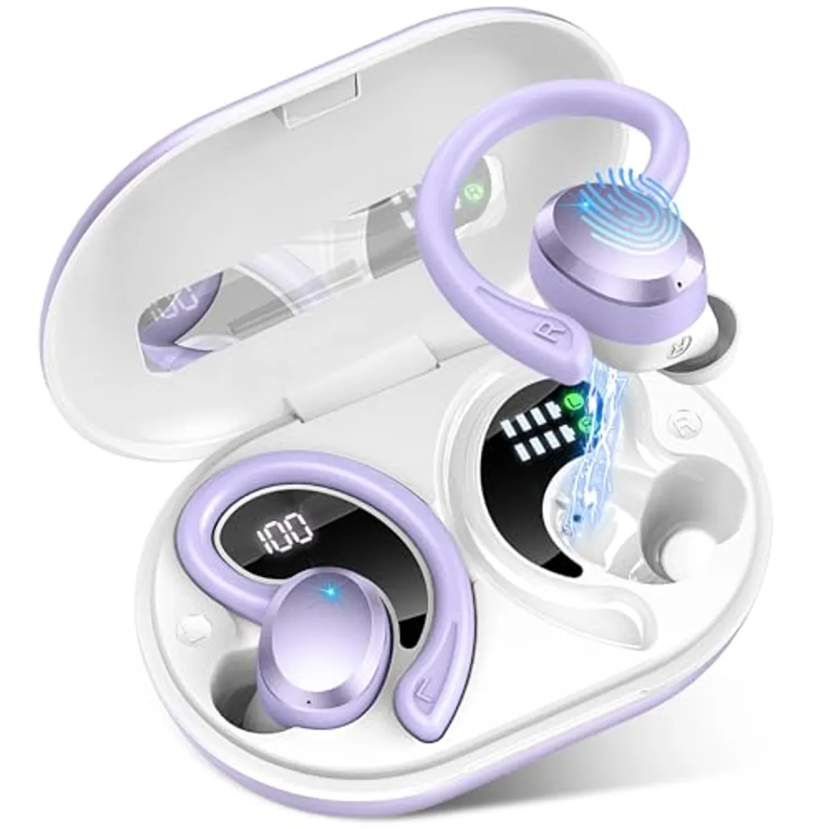 Rulefiss Auricolari Bluetooth 5.3 Cuffie Bluetooth Sport, HiFi Stereo Cuffie Wireless Built in 4 HD Mic, IP7 Impermeabile Cuffie Senza Fili con LED Display, 48 Ore Bassi Potenziati Cuffiette(Viola)