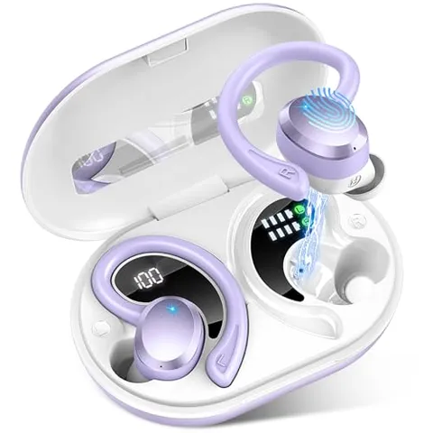 Rulefiss Auricolari Bluetooth 5.3 Cuffie Bluetooth Sport, HiFi Stereo Cuffie Wireless Built in 4 HD Mic, IP7 Impermeabile Cuffie Senza Fili con LED Display, 48 Ore Bassi Potenziati Cuffiette(Viola)