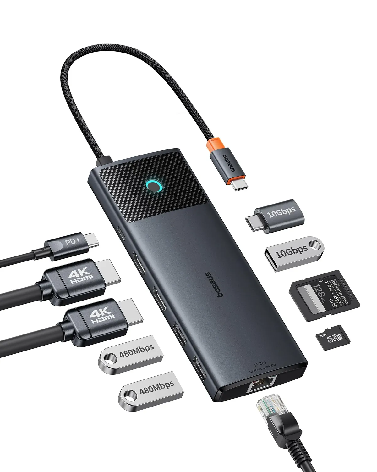 Baseus Docking Station Dual Monitor,10 Gbps 10 in 1 Docking Station con 2 HDMI Single 4K @120Hz, Dual 4K @ 60 Hz, 10 Gbps USB-A e USB-C, Gigabit Ethernet e PD 100 W per iPhone 15/Dell/HP/Lenovo e più