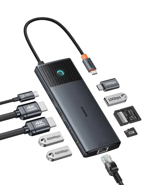 Baseus Docking Station Dual Monitor,10 Gbps 10 in 1 Docking Station con 2 HDMI Single 4K @120Hz, Dual 4K @ 60 Hz, 10 Gbps USB-A e USB-C, Gigabit Ethernet e PD 100 W per iPhone 15/Dell/HP/Lenovo e più