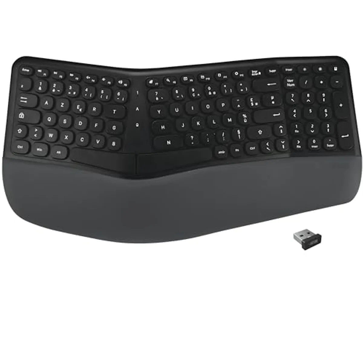 APM Tastiera ergonomica senza fili, ricevitore 2.4 GHz, supporto da polso integrato, tastiera francese AZERTY, design in due parti, compatibile con PC Mac portatile, 100043