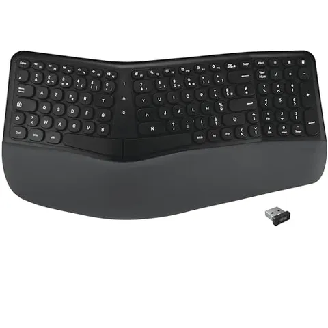 APM Tastiera ergonomica senza fili, ricevitore 2.4 GHz, supporto da polso integrato, tastiera francese AZERTY, design in due parti, compatibile con PC Mac portatile, 100043