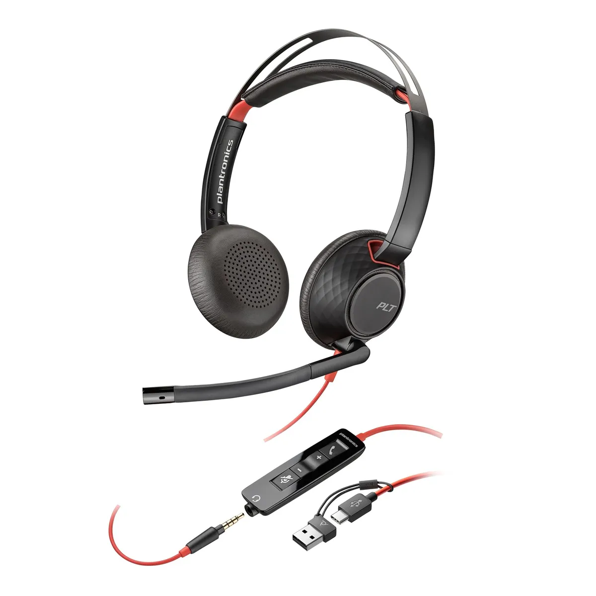 Poly Blackwire 5220, Cuffia Cablata con Connessione USB-A, USB-C, AUX 3,5 mm, Cuscinetti in Similpelle, Riduzione del Rumore e dell'Eco, 2024,Comandi sul Cavo, Compatibile con Windows 10 e macOS, Nero