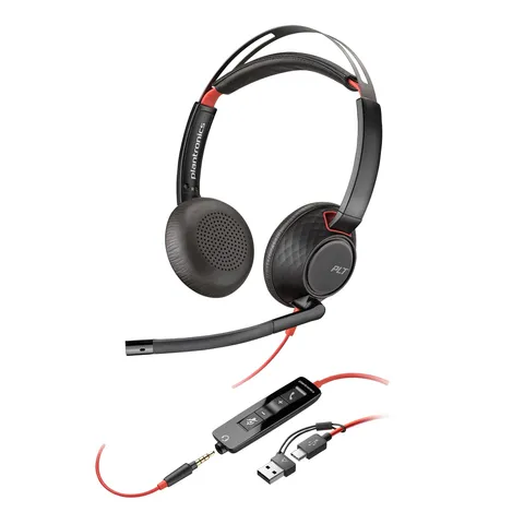 Poly Blackwire 5220, Cuffia Cablata con Connessione USB-A, USB-C, AUX 3,5 mm, Cuscinetti in Similpelle, Riduzione del Rumore e dell'Eco, 2024,Comandi sul Cavo, Compatibile con Windows 10 e macOS, Nero