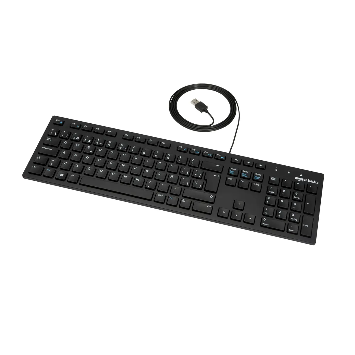 Amazon Basics Teclado con Cable USB y Base Fina, diseño español, Negro