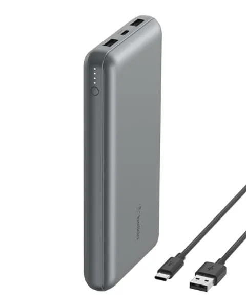 Belkin Caricabatterie portatile USB-C 20K, power bank 20000mAh con ingresso/uscita Type-C, 2 porte USB-A e cavo da USB-C a USB-A incluso per iPhone, Galaxy, iPad, Pixel, AirPods - Grigio siderale
