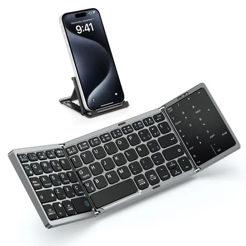 MoKo Tastiera Bluetooth Portatile Pieghevole con Touchpad e Tastiera Numerica - Ricaricabile Multi-Dispositivo Wireless con Spagnola per Windows iOS Android Tablet/Phone