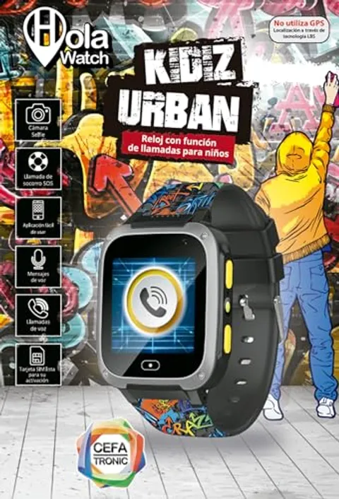 Cefa Toys - Orologio Intelligente Holawatch Urban Black, Intrattenimento per Bambini e Sicurezza per Genitori, Connettività 2G, Localizzazione LBS, Scheda SIM, Touch screen, fotocamera, giochi e
