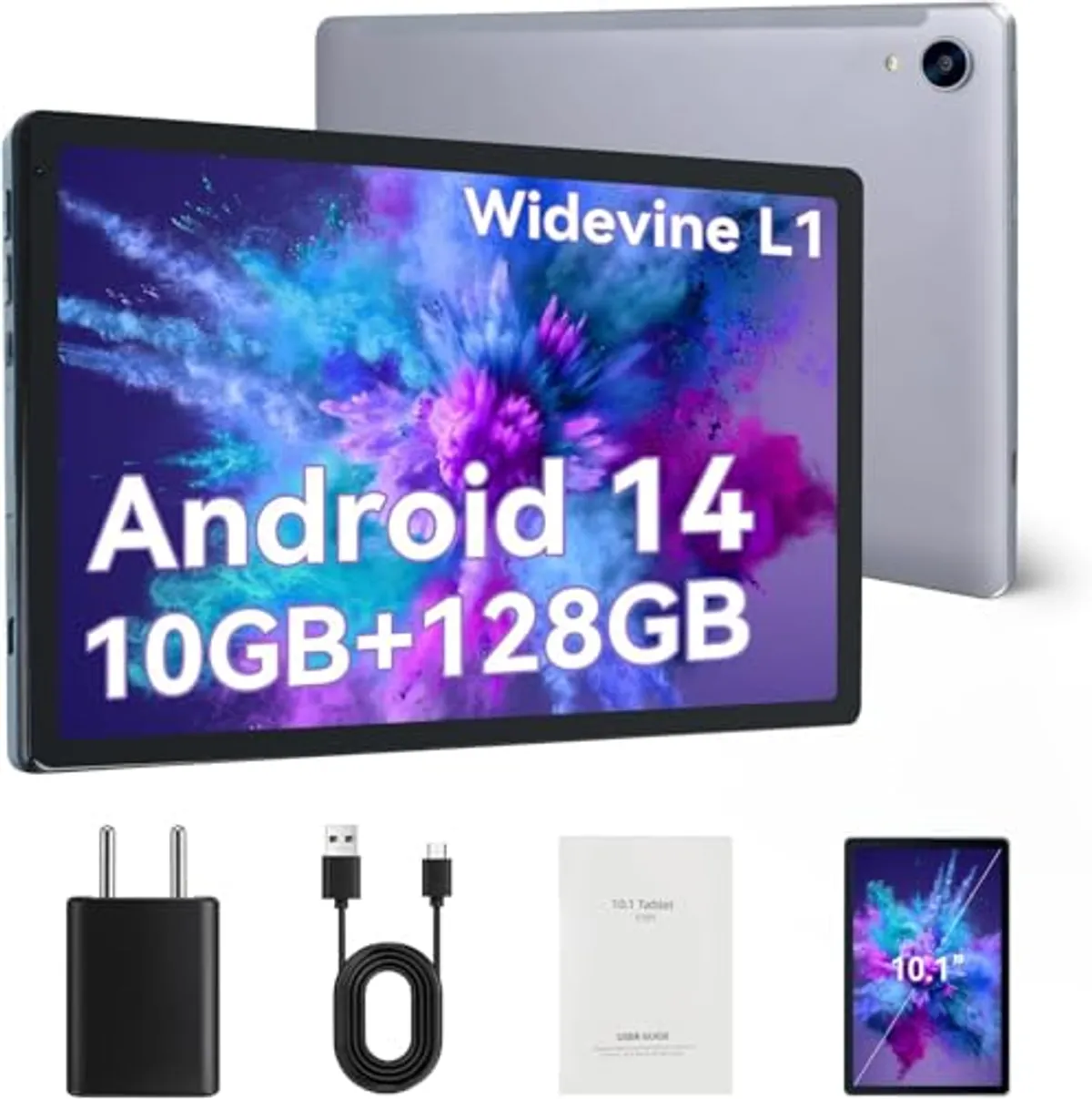 FECLYDET Android 14 Tablet 10 Pollici 10GB+128GB/1 TB di Espansione, 1280x800 HD IPS Display, Wi-Fi 6, Doppia Fotocamera, 5000mAh Batteria Potenti Prestazioni - Gray