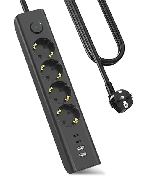 Ciabatta elettrica 8 n 1 con USB, 3680 W, con interruttore, presa multipla da 16 A, con 2 USB C, a parete, per smartphone, iPad, cavo da 1,8 m, colore: nero