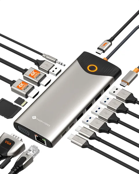 NOVOO Docking Station USB C, 15 in 1 Hub C con Adattatore HDMI Dual 4K@60Hz, Porte C/A, 100W PD, RJ45, SD/TF e Audio, Multiport Hub USB C per MacBook/iPad/iPhone/Dell/HP/Lenovo