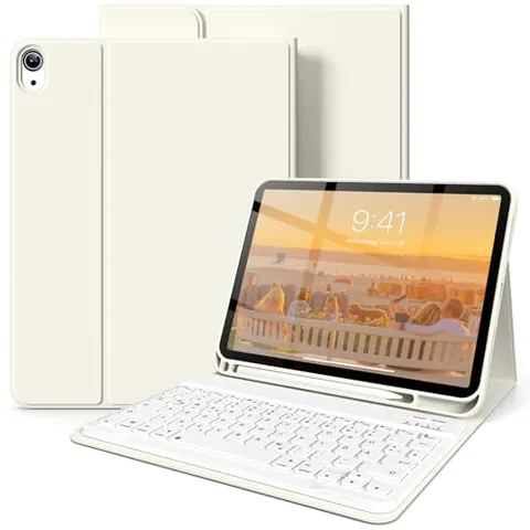 SZPSGC Custodia con tastiera per iPad A16 di 11a generazione/iPad di 10a generazione (2025/2022, 11/10,9 pollici), magnetica, anti-staccamento, con tastiera QWERTZ, bianco crema