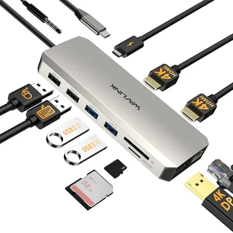 WAVLINK Docking station USB-C per due monitor, docking station con due HDMI, DP, 100W PD, USB3.0&2.0, RJ45, slot SD/TF, audio/microfono, compatibile solo con computer Windows