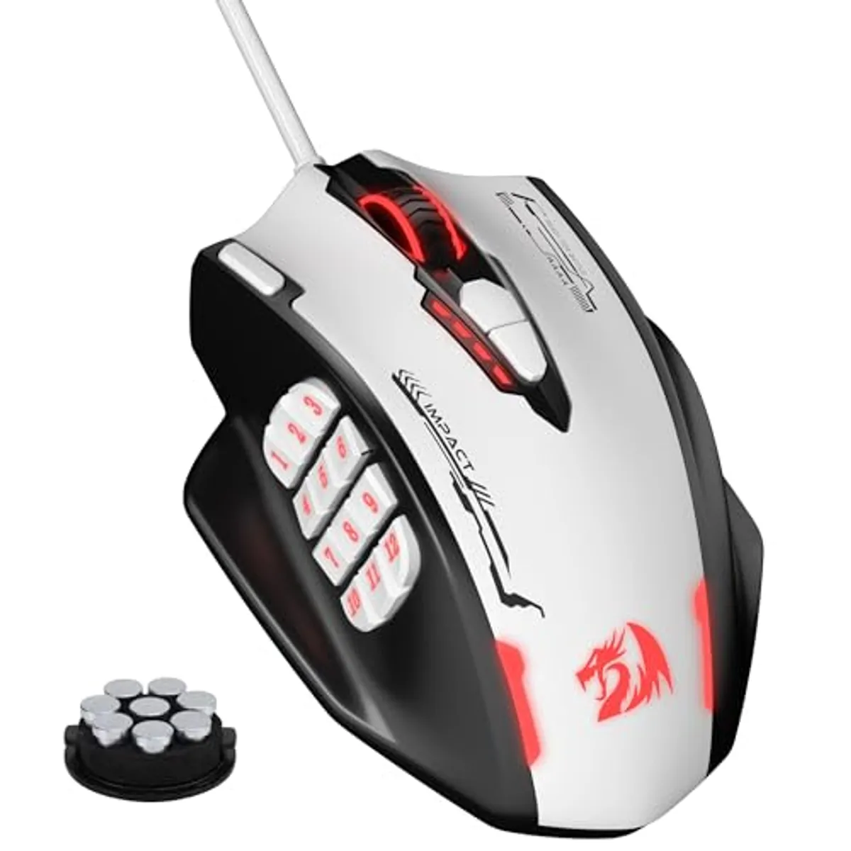 Redragon M908 Impact RGB MMO - Mouse ottico ergonomico con max. 24.000 DPI, alta precisione, 18 tasti macro programmabili, impugnatura comoda, colore nero e bianco