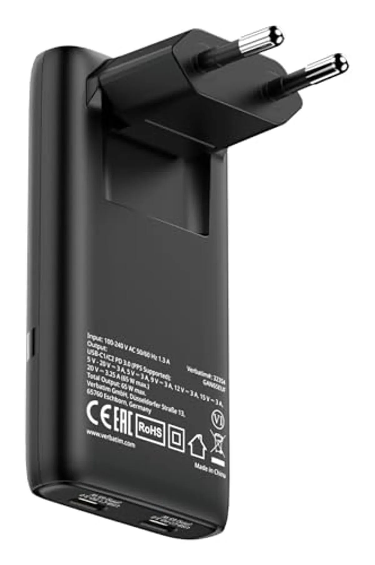 Verbatim Fold 'n' Go GaN Charger 65W, Caricatore 2 Porte USB-C, Pieghevole, PD3.0, Compatto, Caricabatterie Multipresa per Apple MacBook, Notebook, iPad, iPhone 15 - iPhone 17, Samsung, Nero
