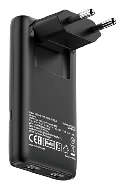 Verbatim Fold 'n' Go GaN Charger 65W, Caricatore 2 Porte USB-C, Pieghevole, PD3.0, Compatto, Caricabatterie Multipresa per Apple MacBook, Notebook, iPad, iPhone 15 - iPhone 17, Samsung, Nero